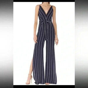 [Sz2] ML Monique Lhuillier Long Jumpsuit with  Slits at Front Leg Navy Strips